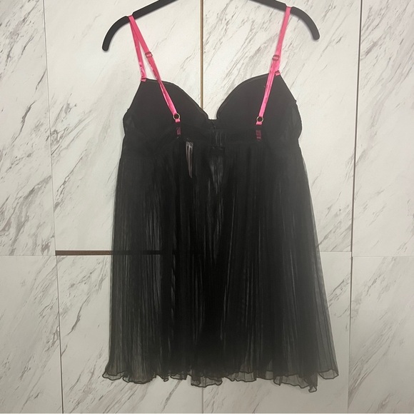 Flora's Follies Black Pink Sheer Pleated Teddy Lingerie SZ L - Picture 2 of 3